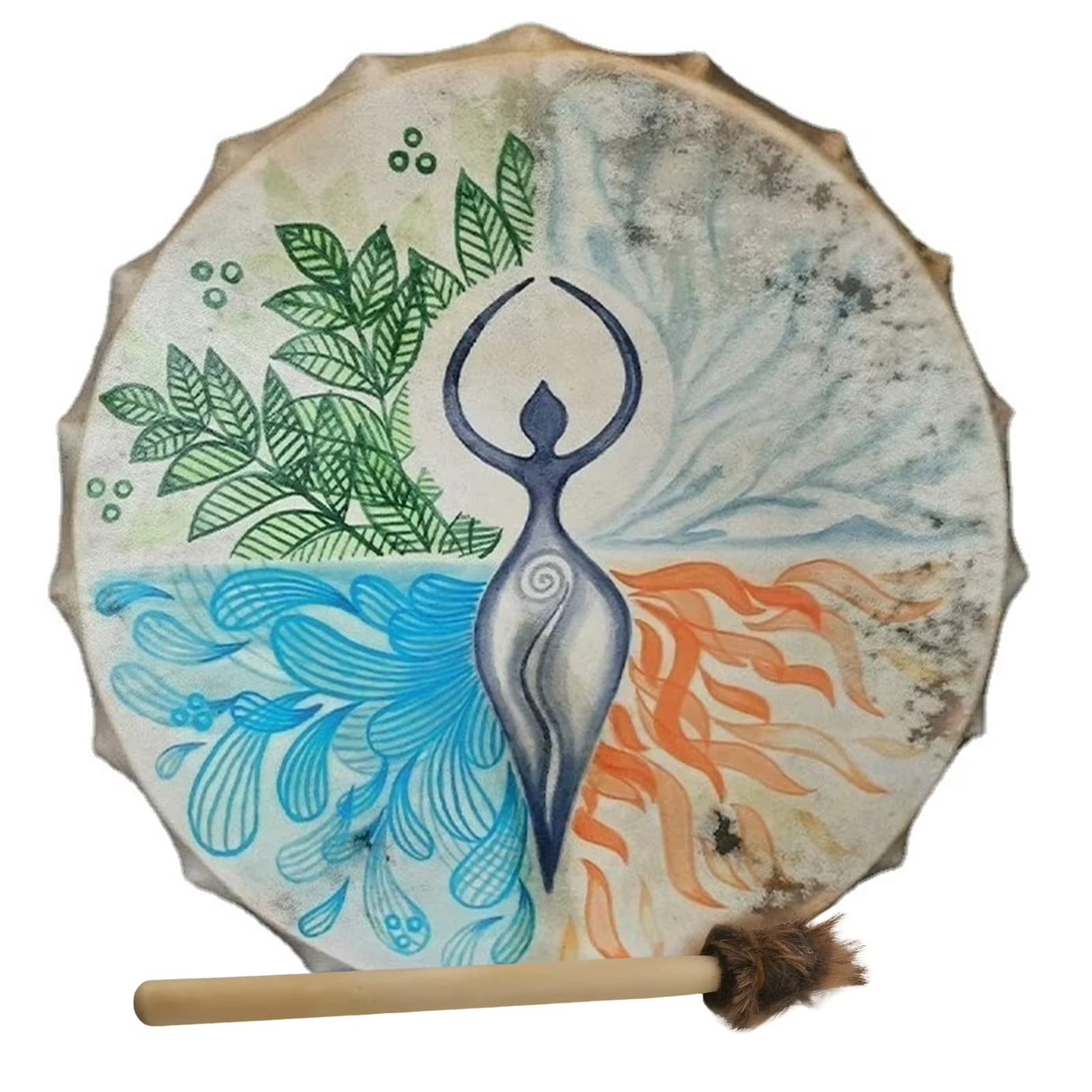 Tambour chamanique décoré d'une silhouette méditative entourée de motifs représentant l'eau, le feu, l'air et la terre.