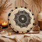 Tambour chamanique mandala posé debout avec sa baguette en bois;