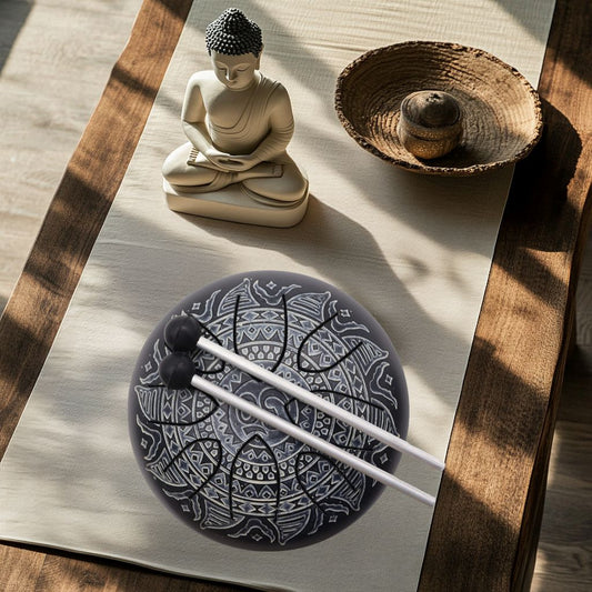 Tambour Hapi "Om Mandala" - 16 cm, vu face dans une ambiance zen avec buddha.