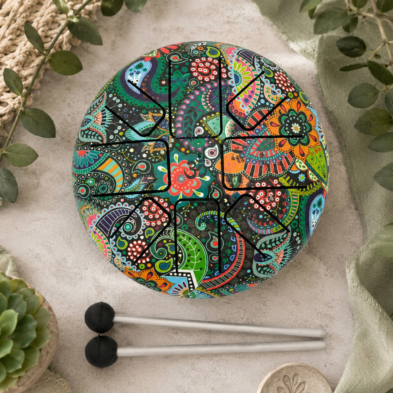 Tongue drum au motif mandala floral coloré 14cm vue de dessus avec ses mailloches.