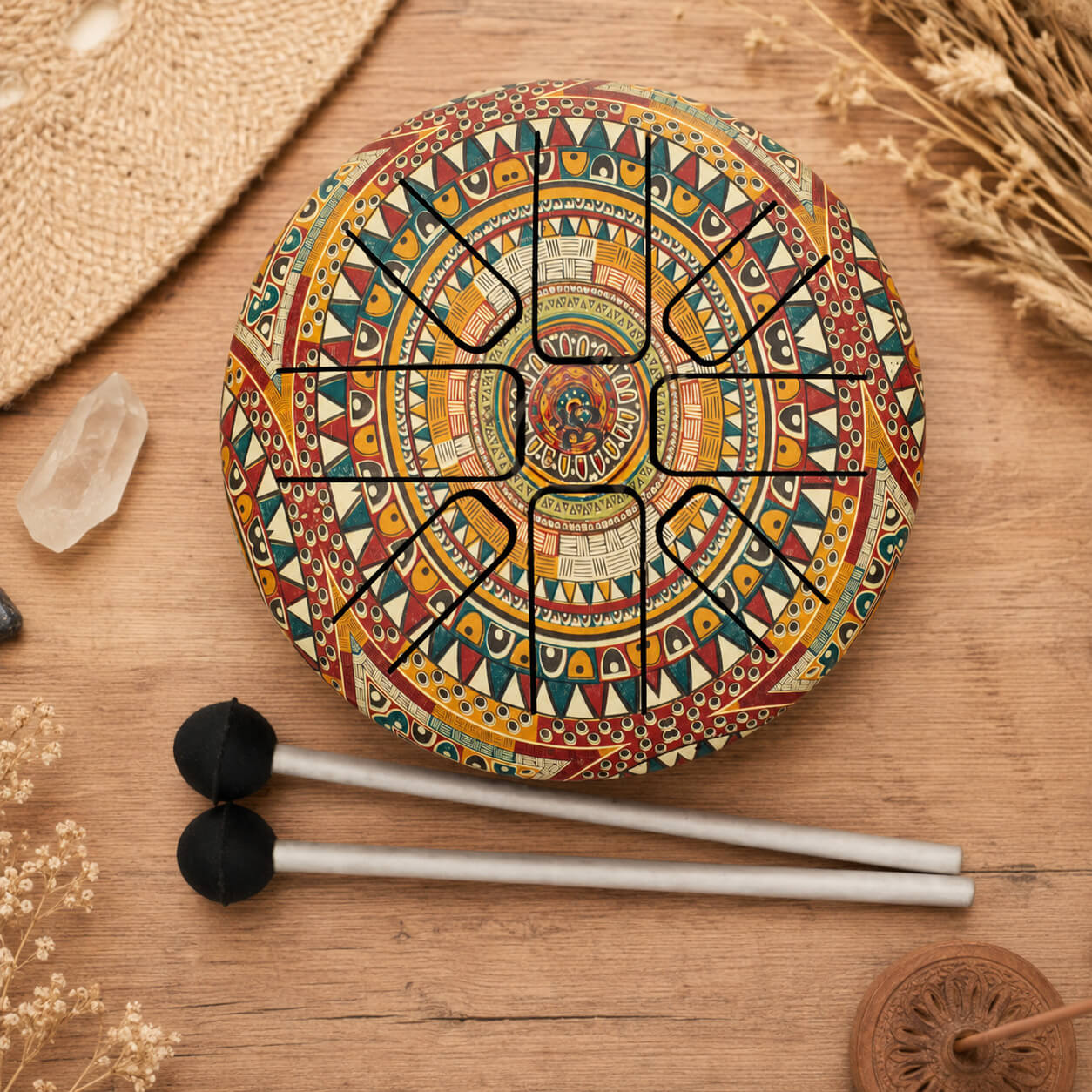 Petit tongue drum mandala Om 13cm avec sa housse de transport ethnique et ses mailloches.