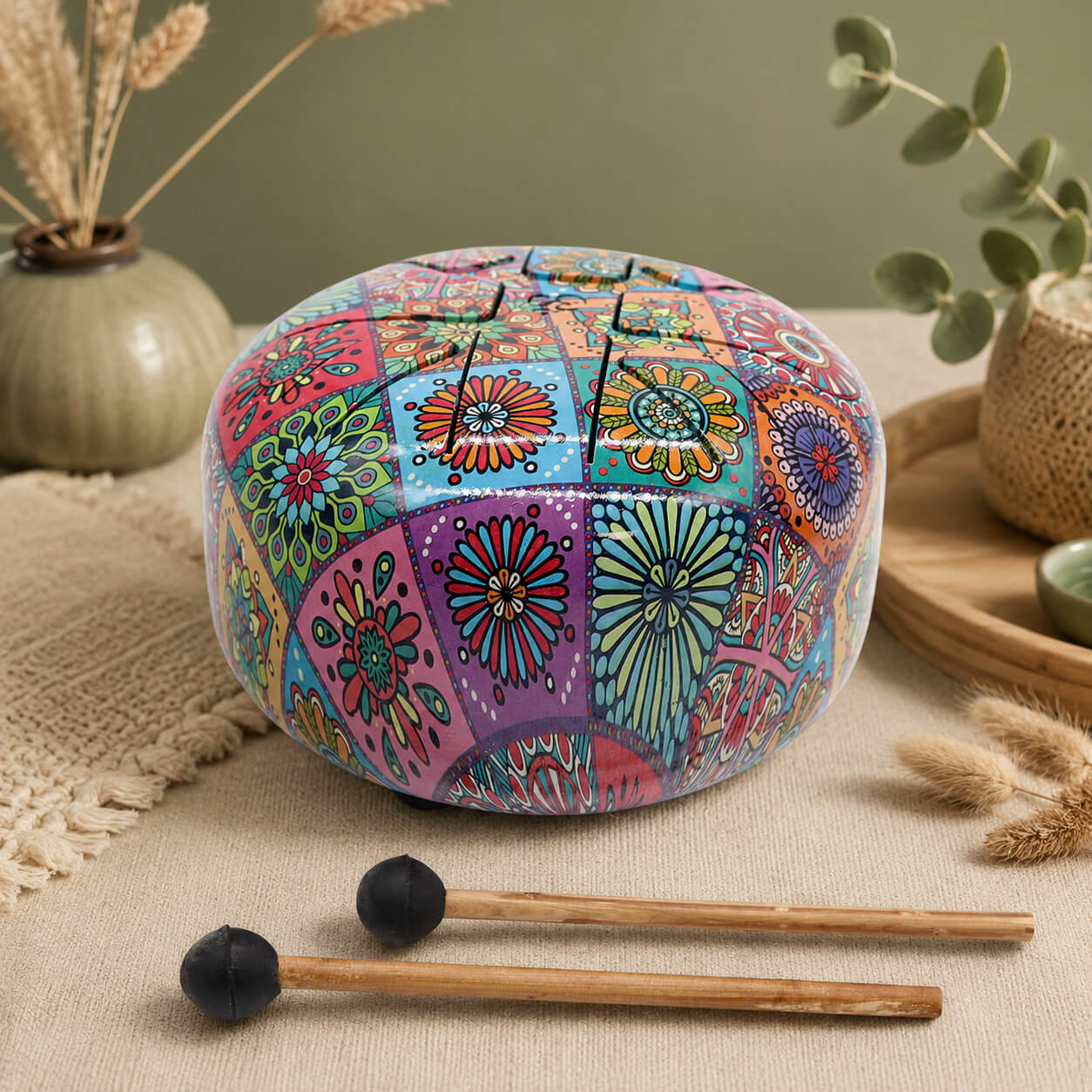 Tongue drum moyen mosaïque multicolore 17cm vue de trois quarts avec ses mailloches en bois.