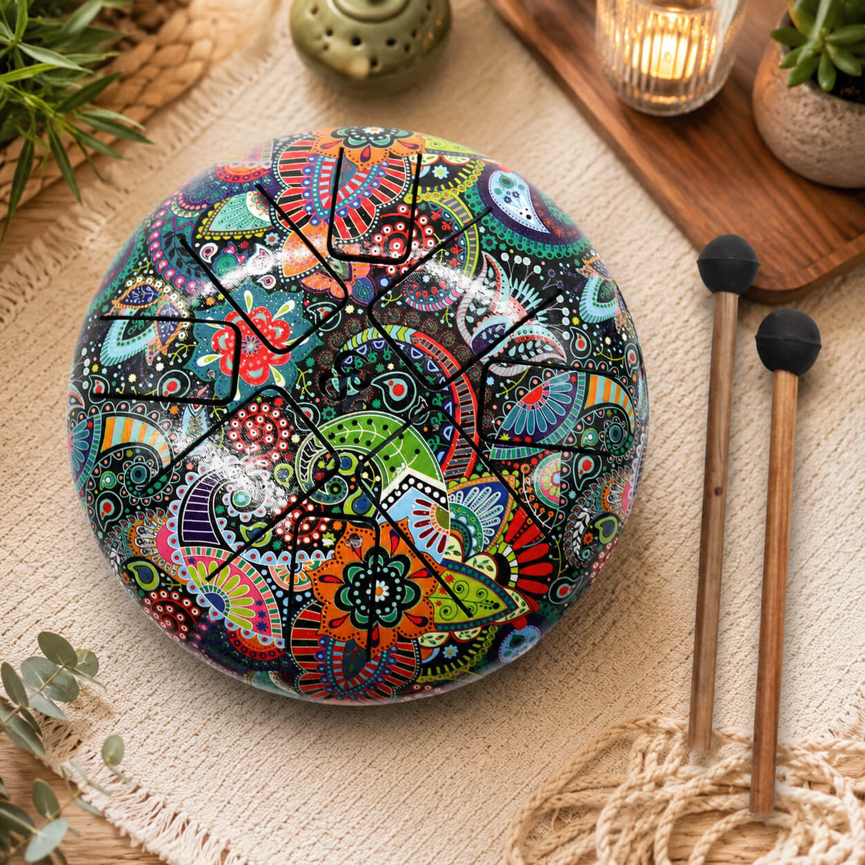 Tongue drum 18cm aux motifs paisley multicolores avec symbole Om et deux mailloches en bois sur tapis macramé