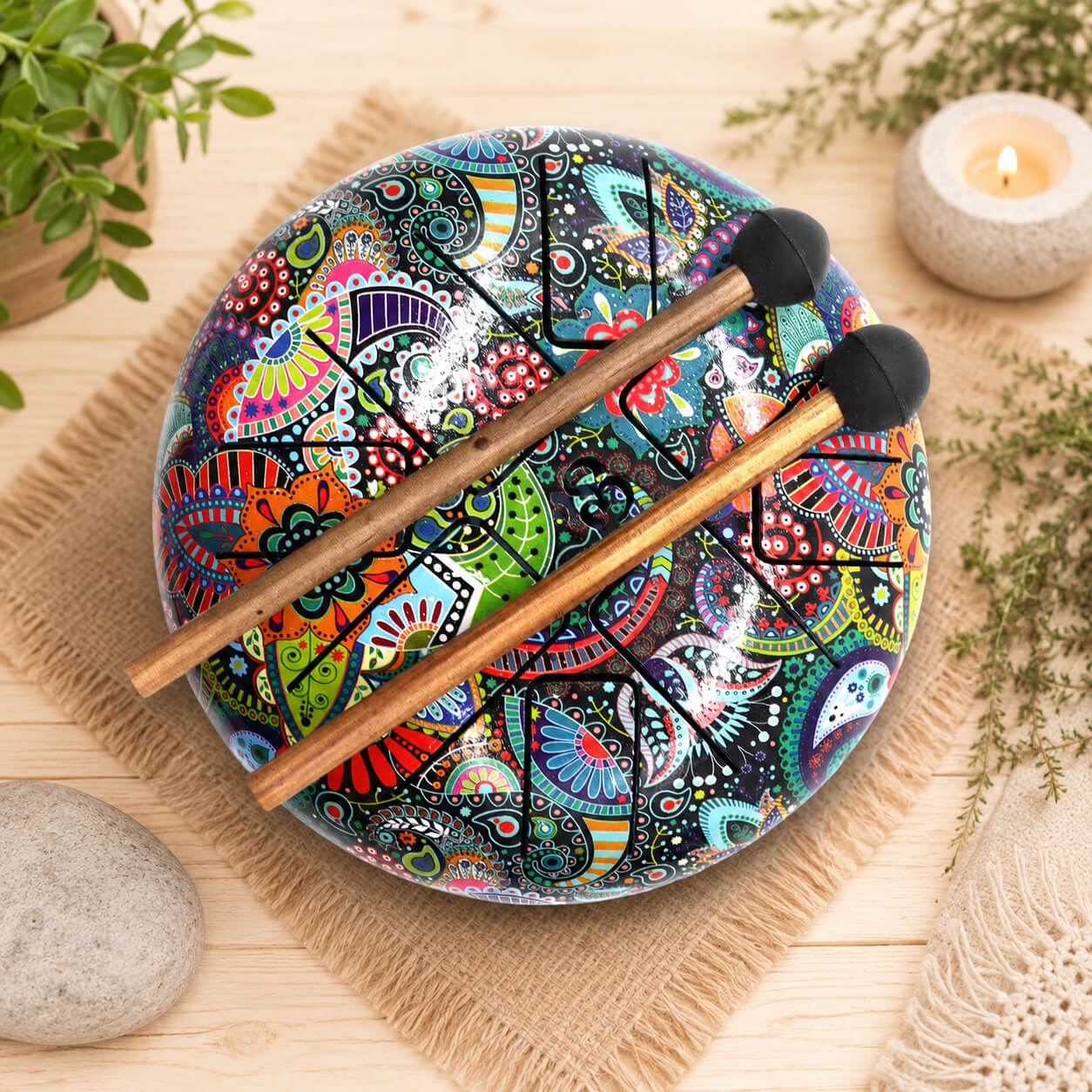 Vue de dessus du tongue drum 18cm paisley multicolore avec ses huit langues mélodiques et mailloches en bois croisées.