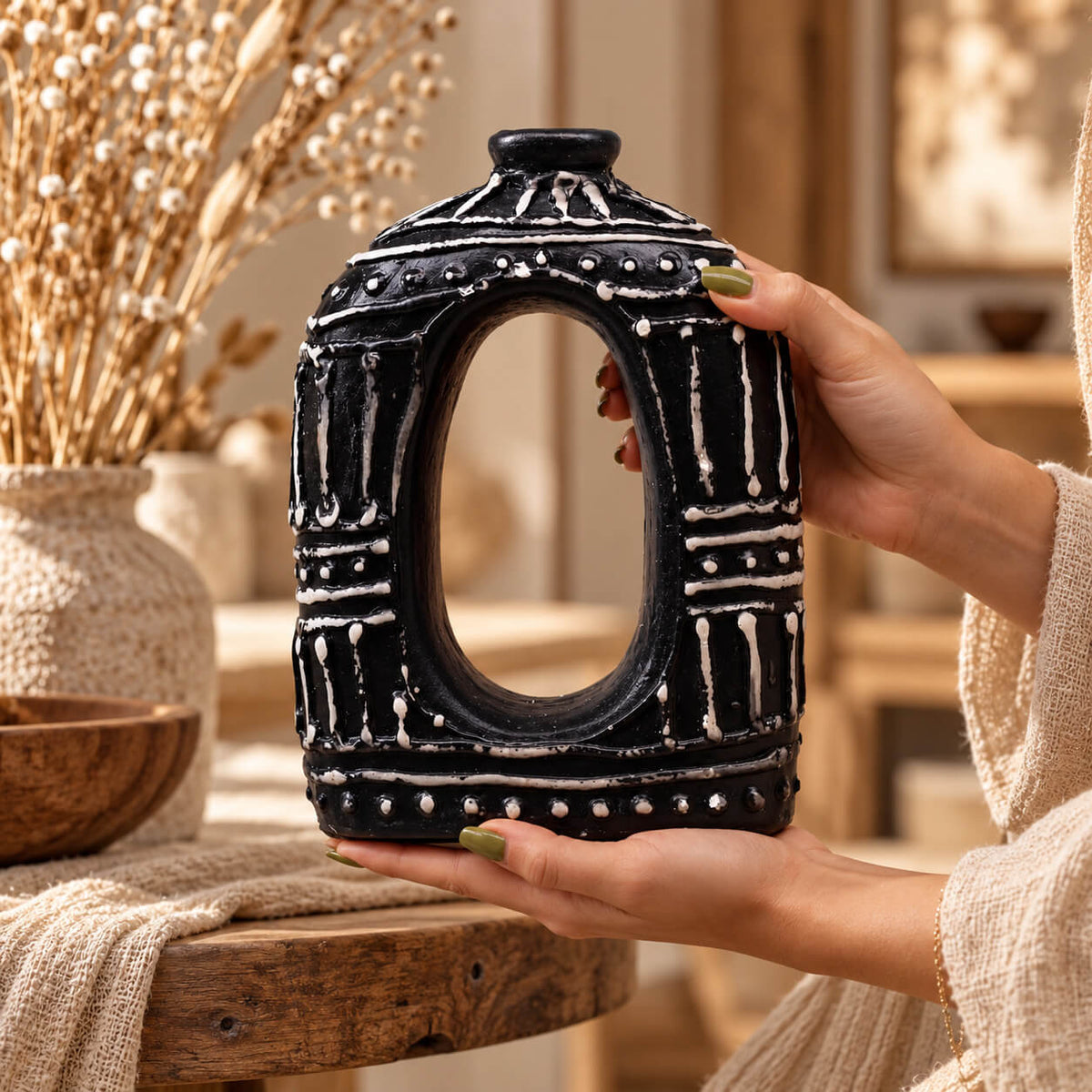 Vase anneau ovale en terre cuite chocolat à motifs crème en relief, tenu entre deux mains devant un bouquet sec