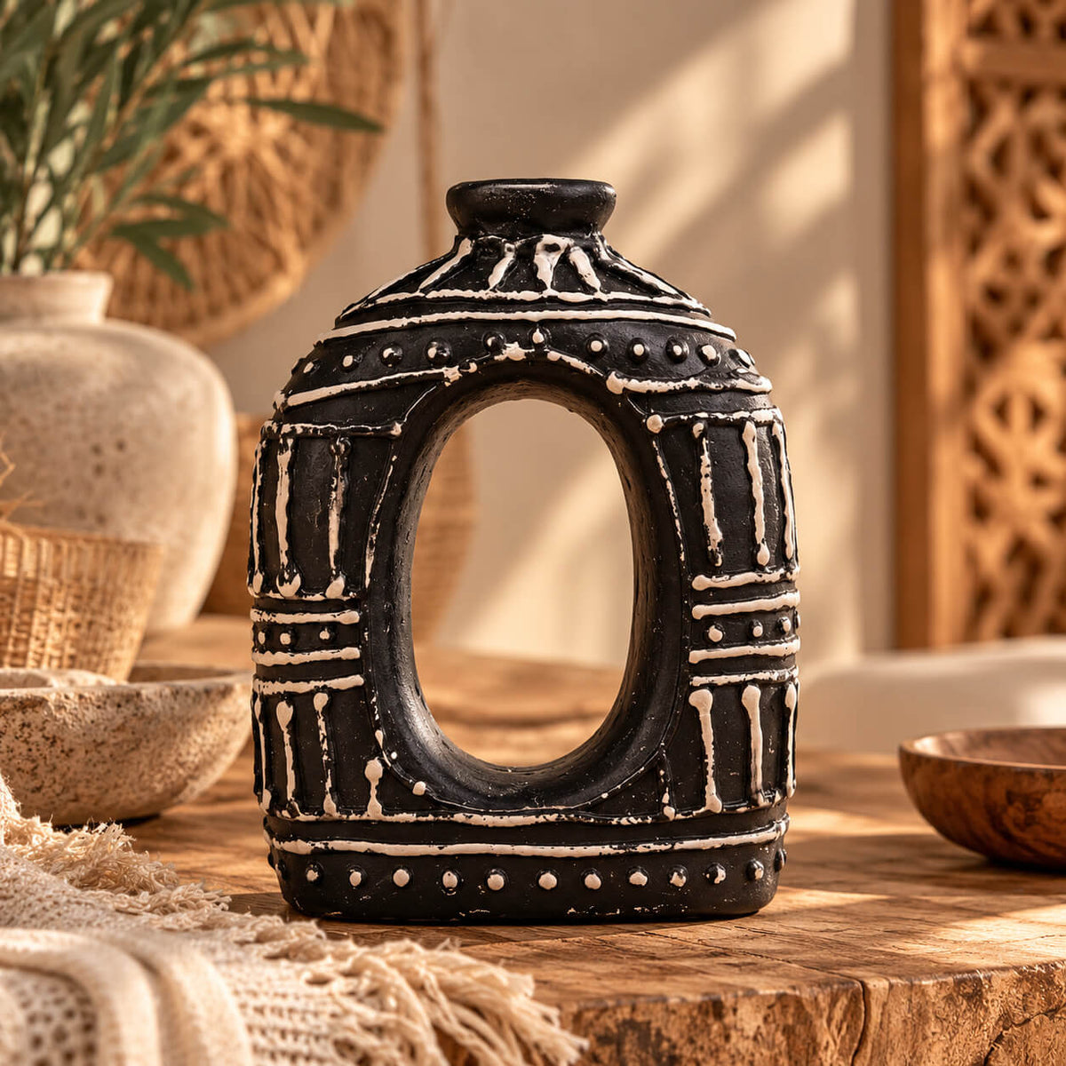 Vase ovale percé en terre cuite brun foncé à décor crème, posé sur une table en bois près d'un panneau sculpté