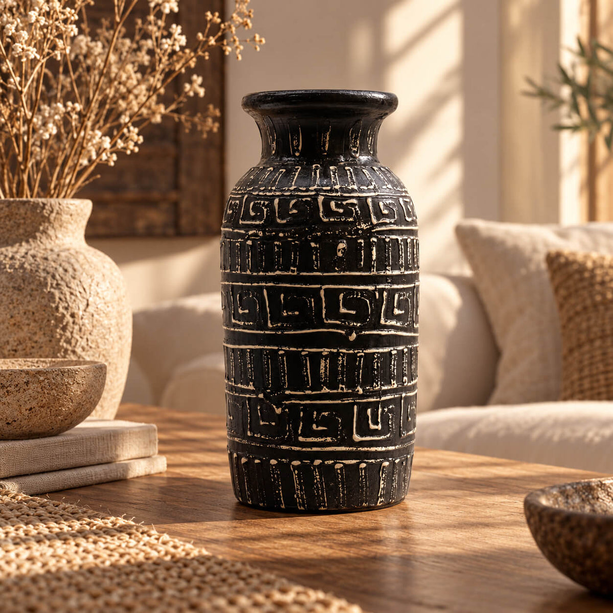 Vase droit en terre cuite brun foncé orné de frises grecques crème en relief, posé sur une table basse