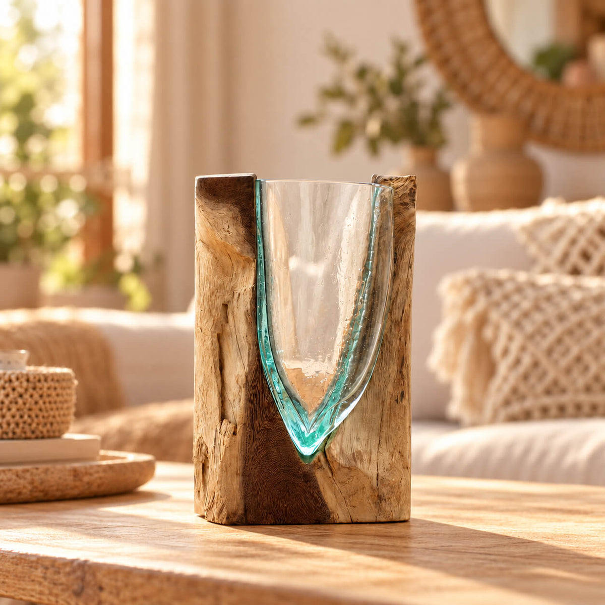 Vase en V en verre soufflé encastré dans un bloc de bois de gamal brut, posé sur une table basse