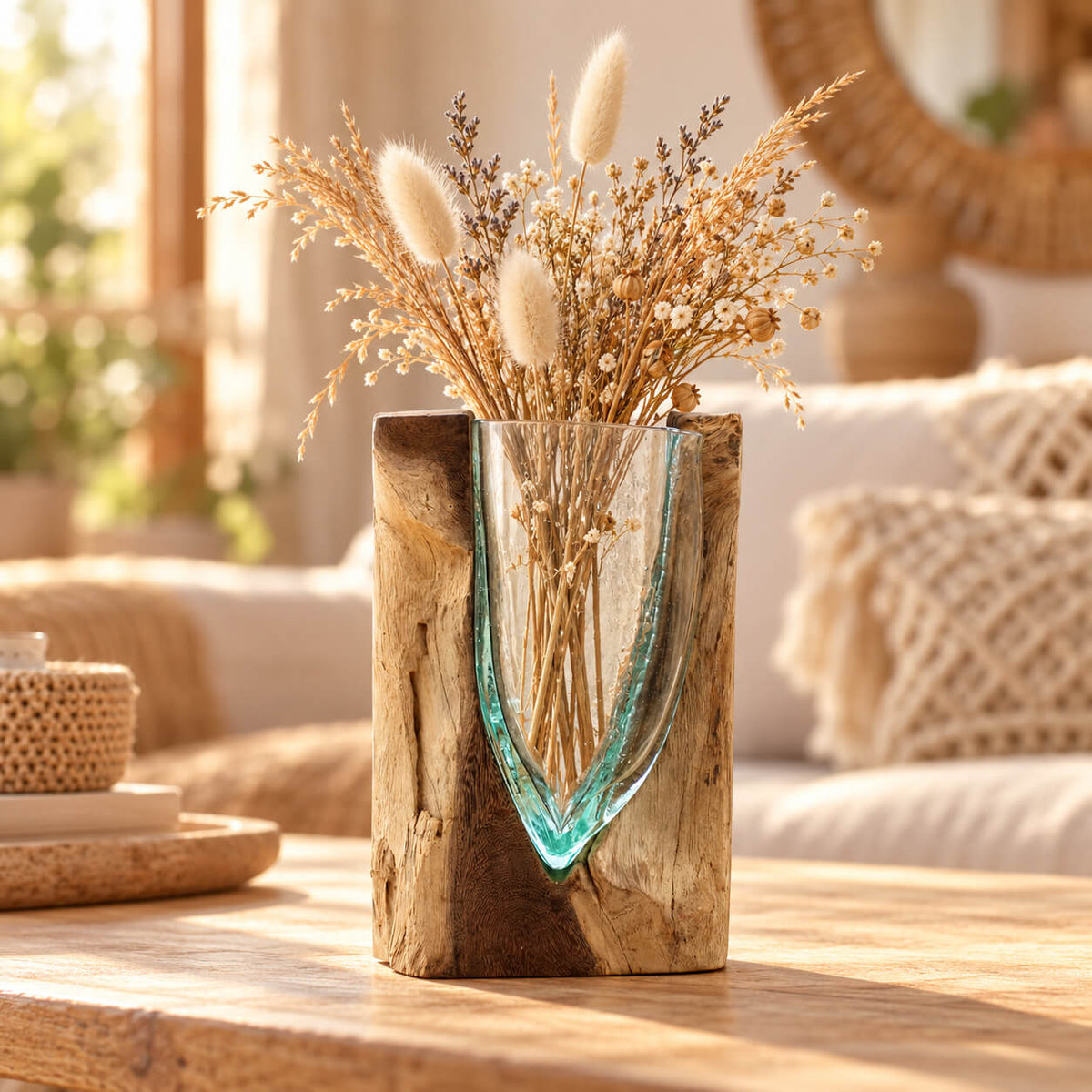 Bouquet de fleurs séchées et queues de lièvre dans le vase en verre soufflé sur bois de gamal