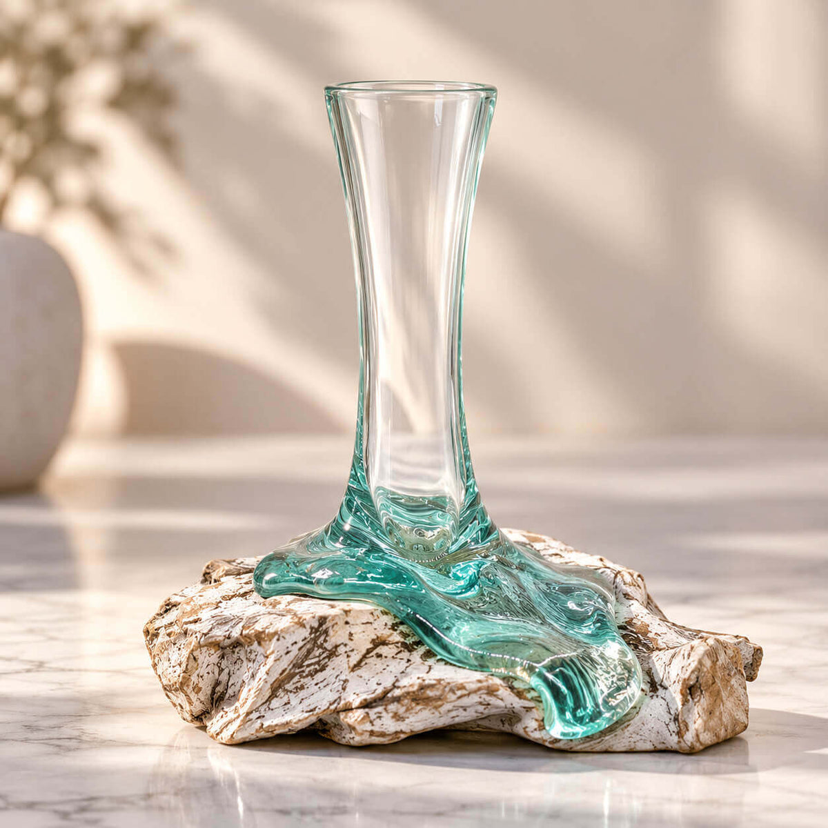 Vase en verre transparent au pied turquoise coulé sur une racine de gamal blanchie, posé sur un plan en marbre